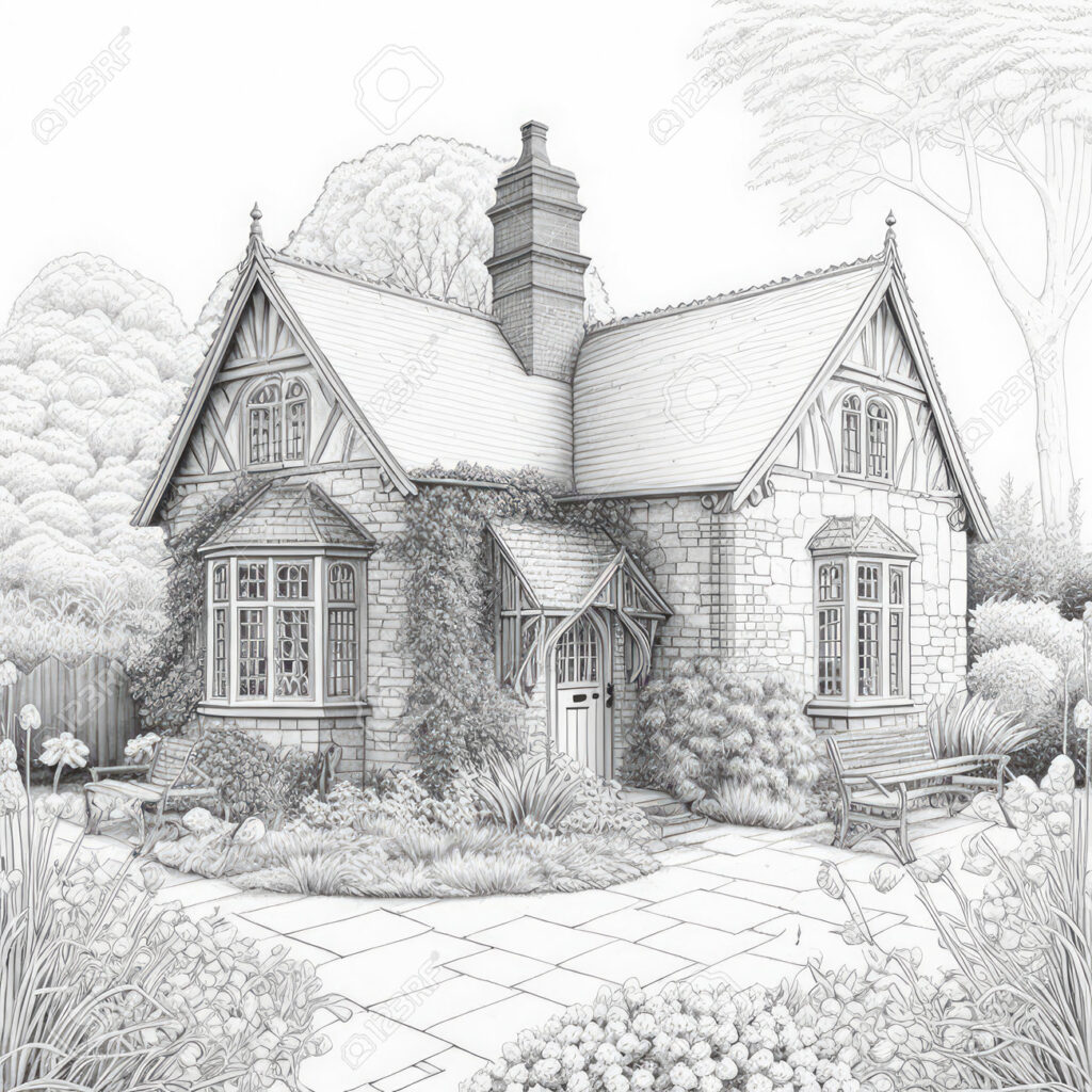 200102815-vintage-english-house-coloring-book-old-european-house-garden-cottage-drawing-imitation-abstract